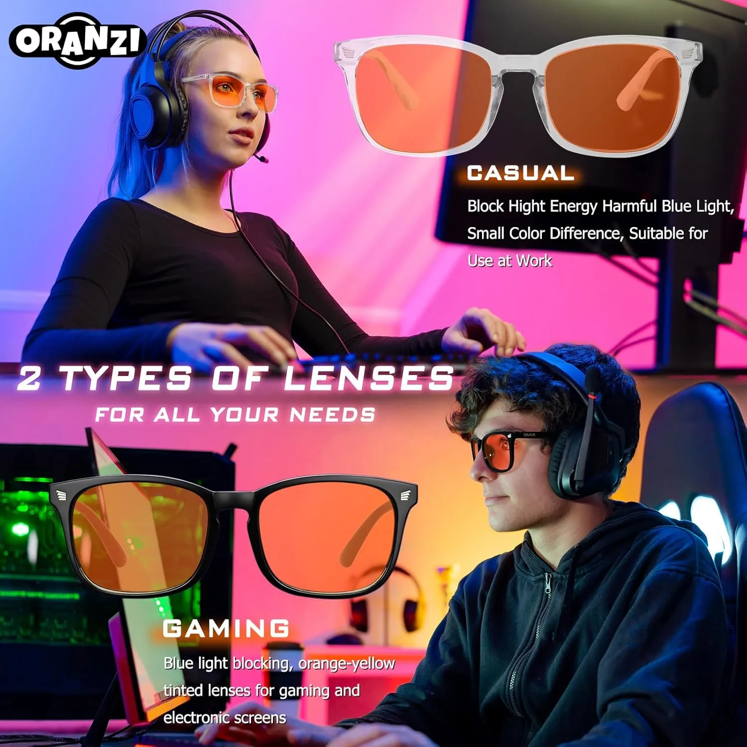 2 pack Blue Light Gaming Glasses Men Woman, Computer Gaming Glasses Men Blue Light Filtering Anti-Fatigue & Eye Strain
