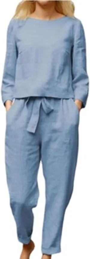 2 Piece Outfits for Women Cotton Linen Lounge Sets Long Sleeve Travel Outfits Comfy Blouse Loose Pants Sets