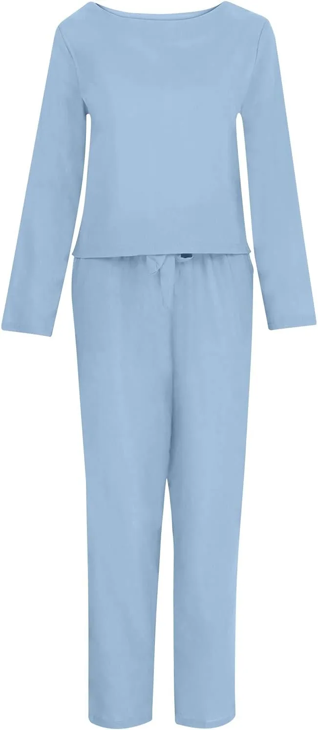 2 Piece Outfits for Women Cotton Linen Lounge Sets Long Sleeve Travel Outfits Comfy Blouse Loose Pants Sets