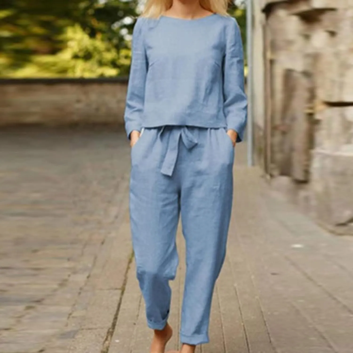 2 Piece Outfits for Women Cotton Linen Lounge Sets Long Sleeve Travel Outfits Comfy Blouse Loose Pants Sets
