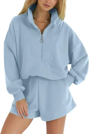 2024 2 Piece Sweatsuit Outfits For Women Half Zip Pullover Sweatshirt and Shorts Comfy Tracksuit Sets For Women