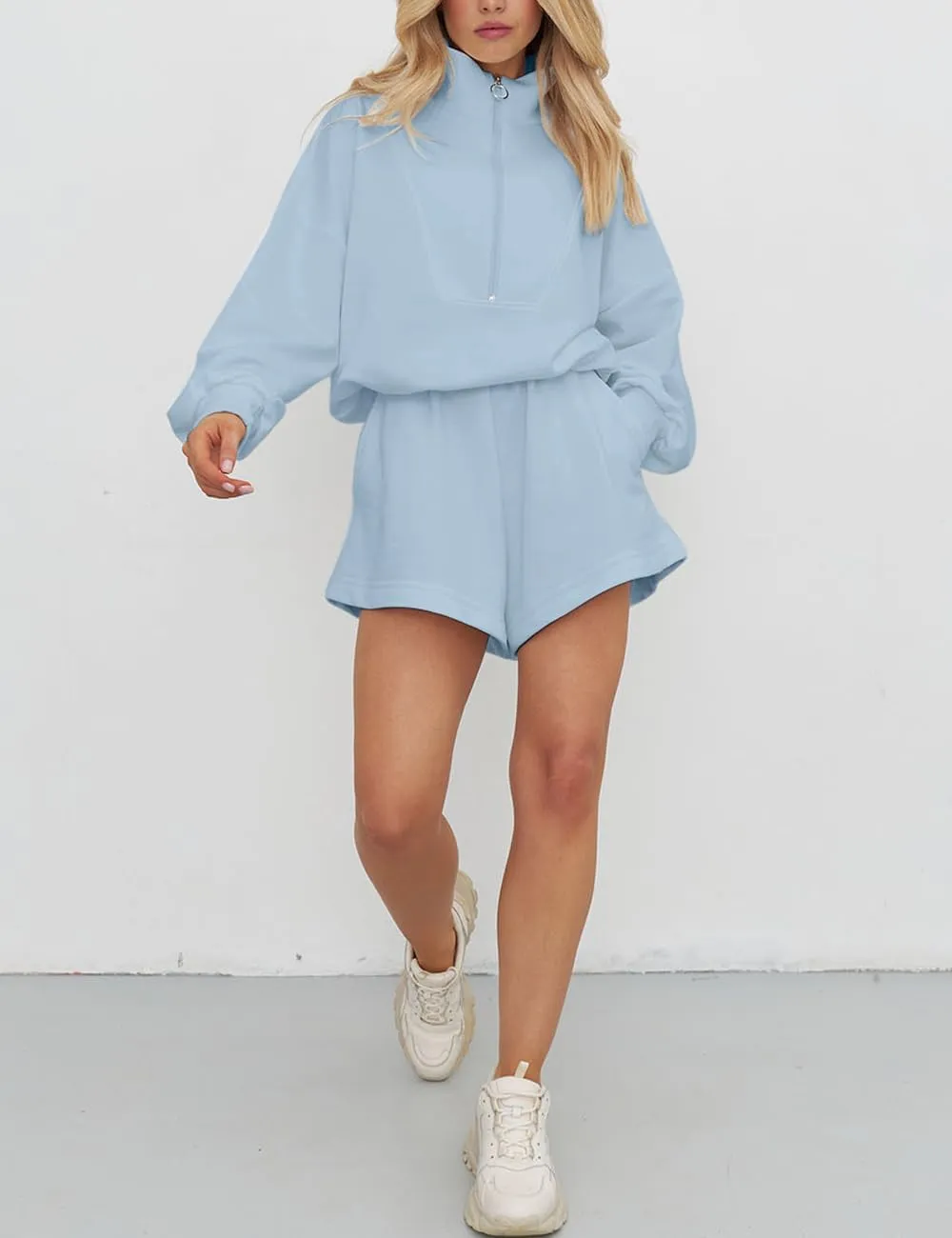 2024 2 Piece Sweatsuit Outfits For Women Half Zip Pullover Sweatshirt and Shorts Comfy Tracksuit Sets For Women