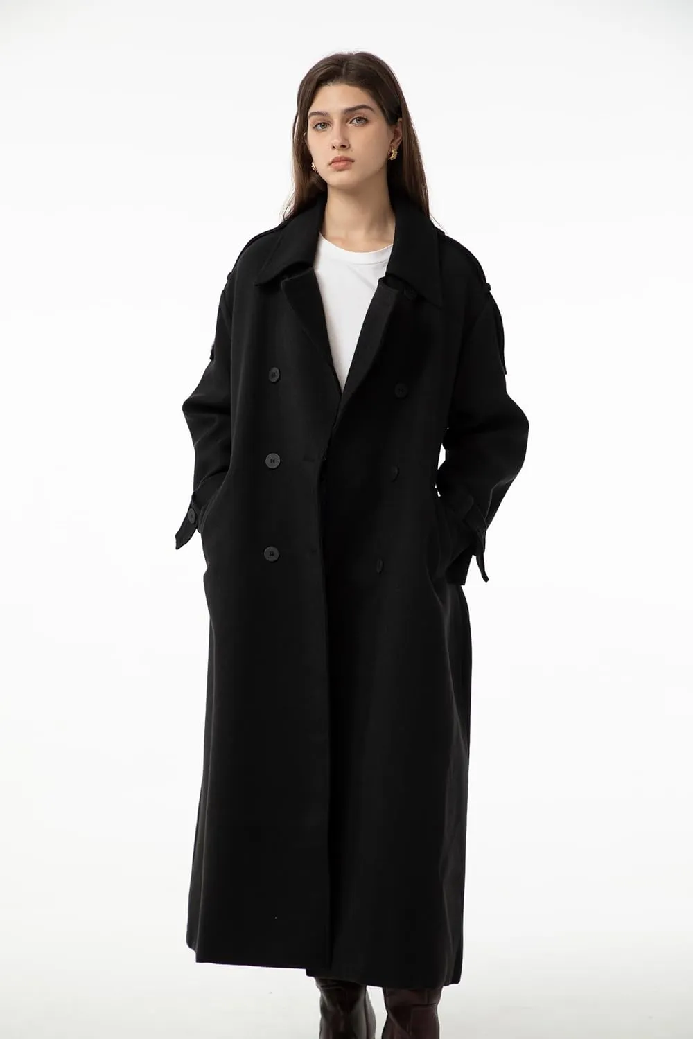 Ababalaya Women's Wool Pea Coat Slouchy Overcoat with Belt Full Length Maxi Long Trench Coat