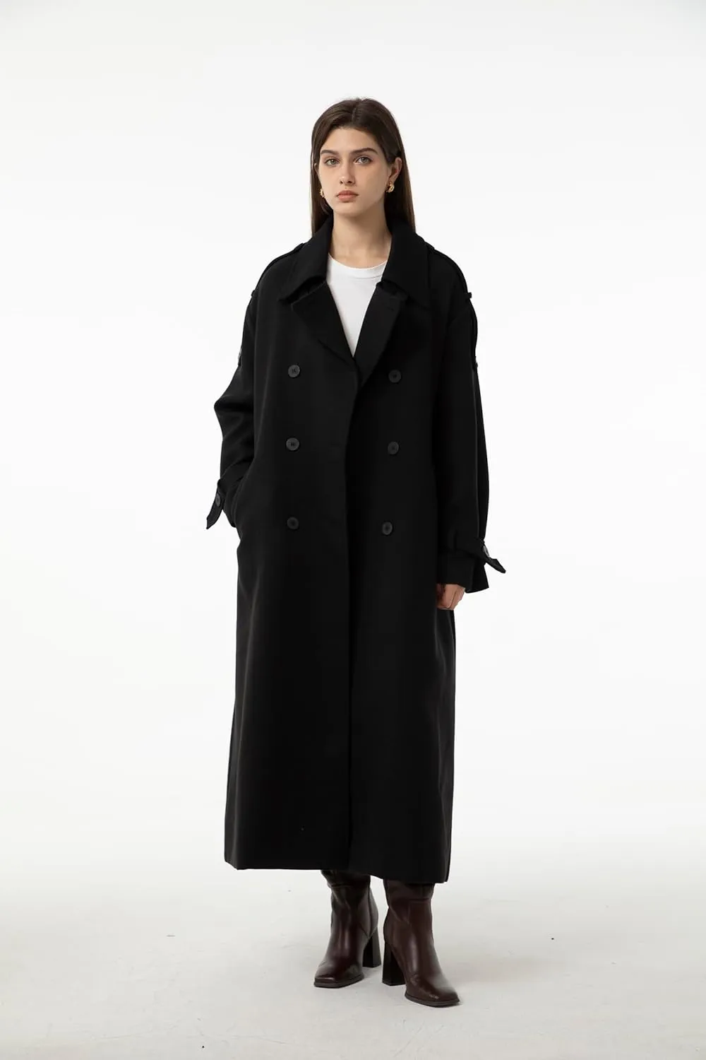 Ababalaya Women's Wool Pea Coat Slouchy Overcoat with Belt Full Length Maxi Long Trench Coat