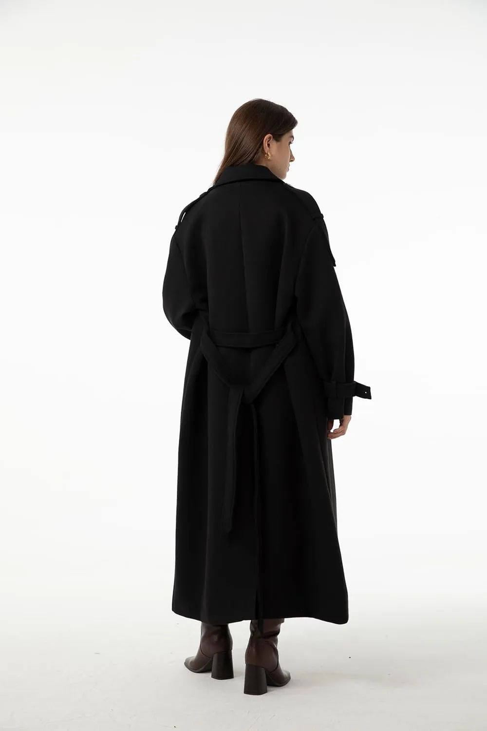 Ababalaya Women's Wool Pea Coat Slouchy Overcoat with Belt Full Length Maxi Long Trench Coat