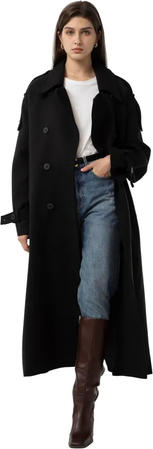 Ababalaya Women's Wool Pea Coat Slouchy Overcoat with Belt Full Length Maxi Long Trench Coat