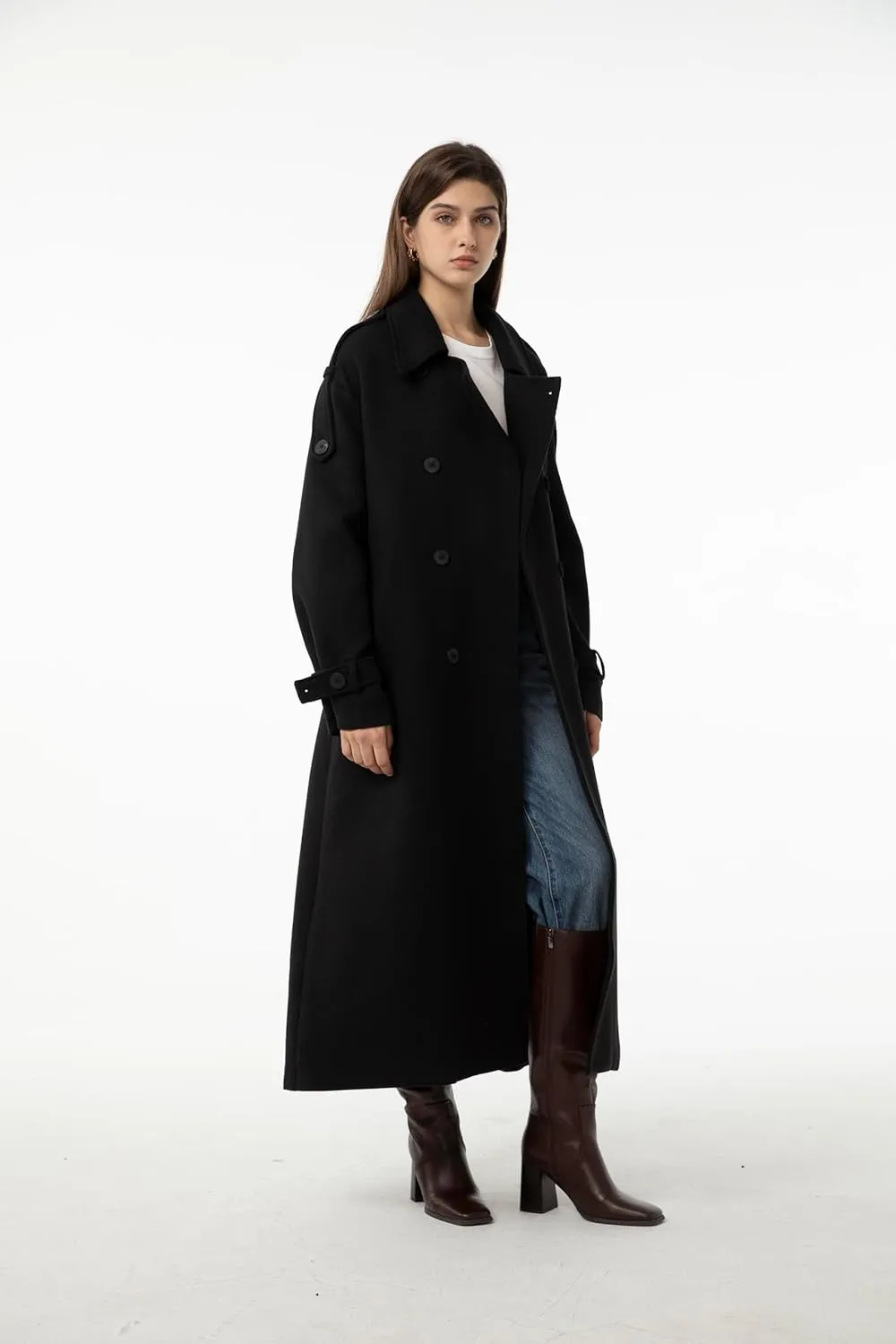 Ababalaya Women's Wool Pea Coat Slouchy Overcoat with Belt Full Length Maxi Long Trench Coat