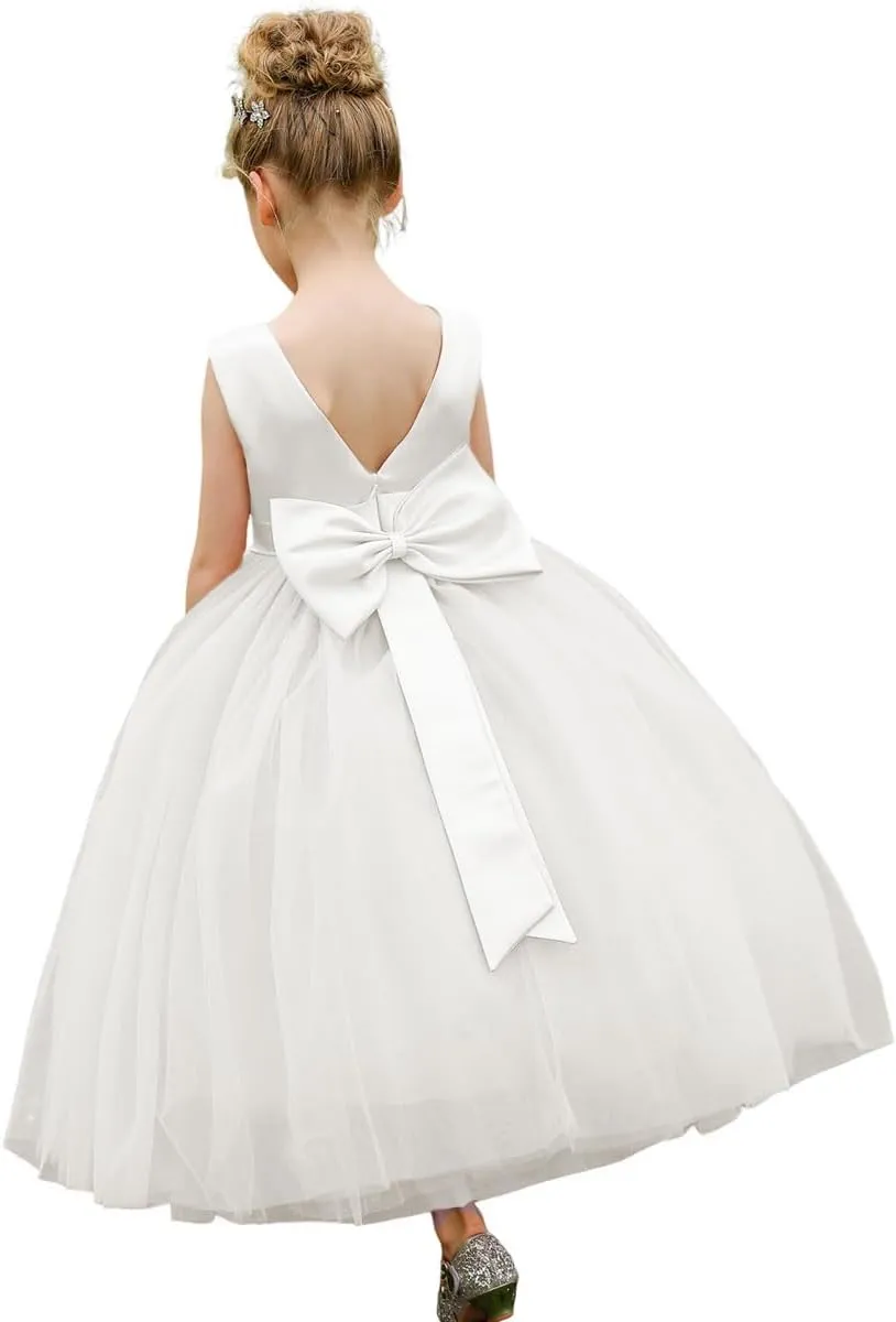 ABAO SISTER Flower Girls Satin Tulle Princess Pageant Dress for Wedding Kids Party Prom Ball Gowns Dresses