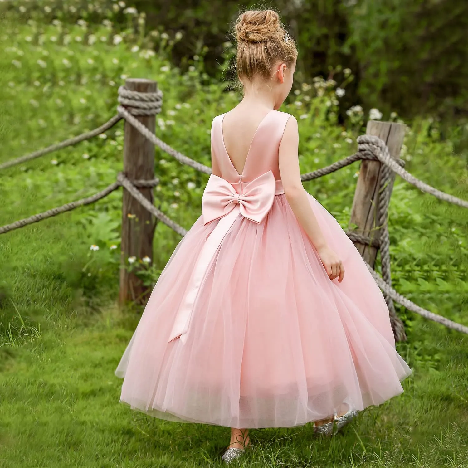 ABAO SISTER Flower Girls Satin Tulle Princess Pageant Dress for Wedding Kids Party Prom Ball Gowns Dresses