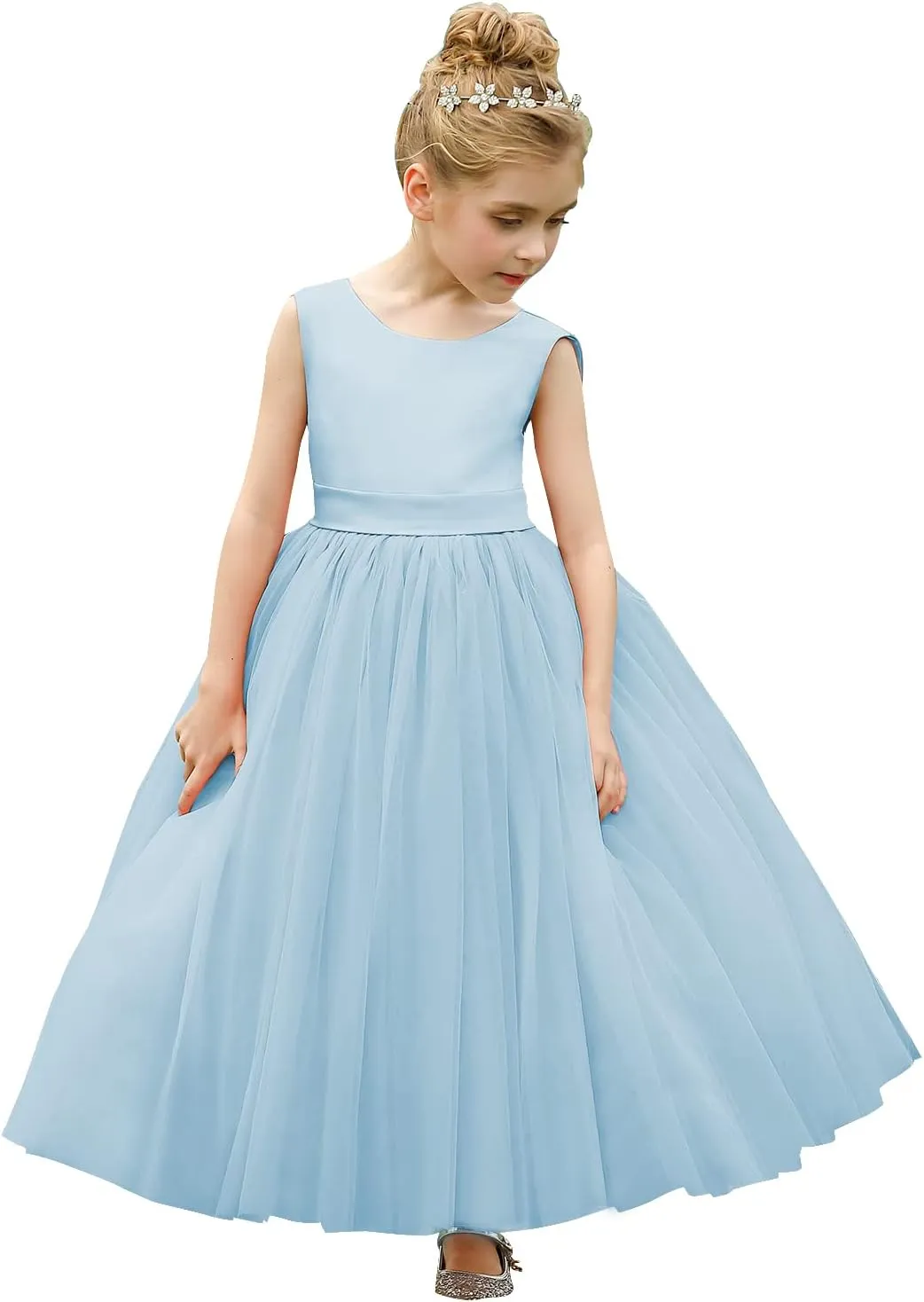 ABAO SISTER Flower Girls Satin Tulle Princess Pageant Dress for Wedding Kids Party Prom Ball Gowns Dresses