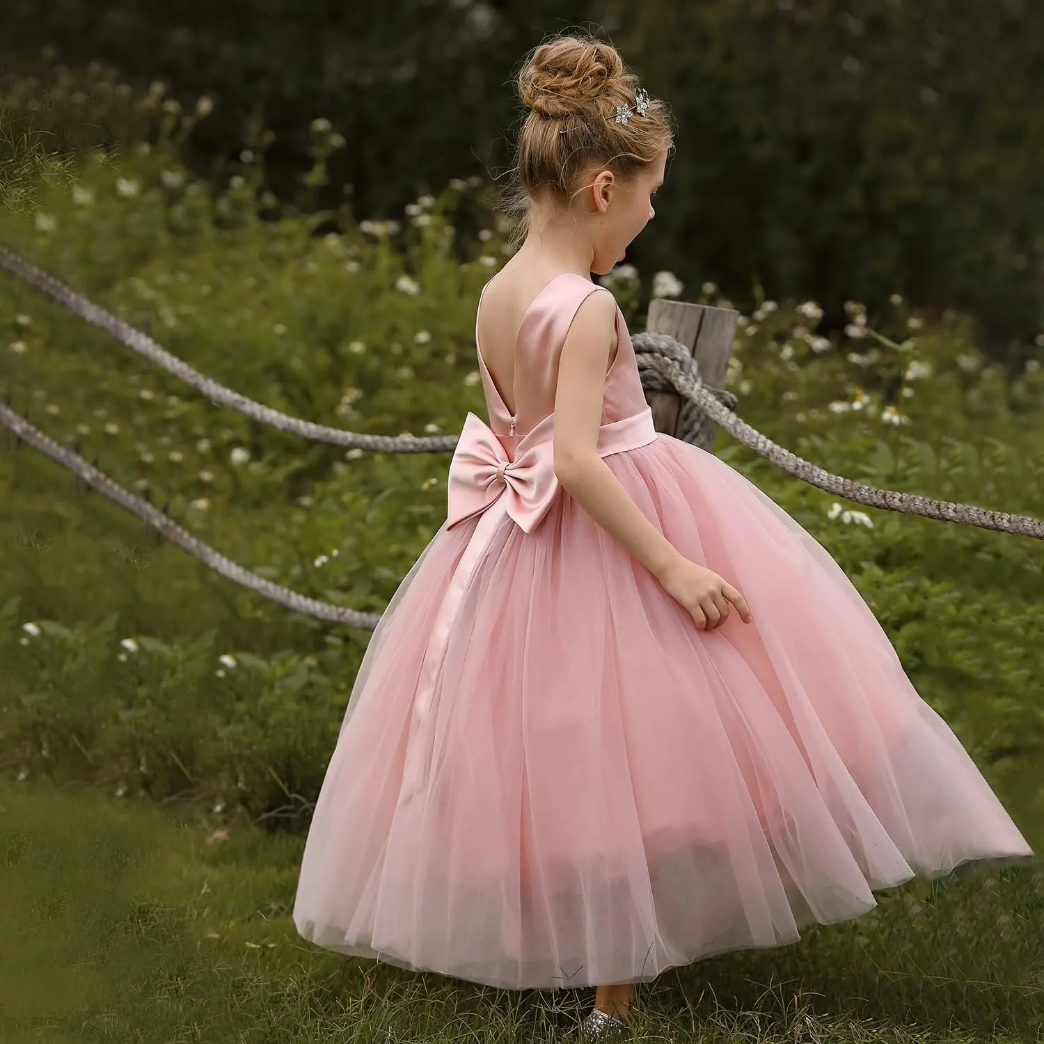 ABAO SISTER Flower Girls Satin Tulle Princess Pageant Dress for Wedding Kids Party Prom Ball Gowns Dresses