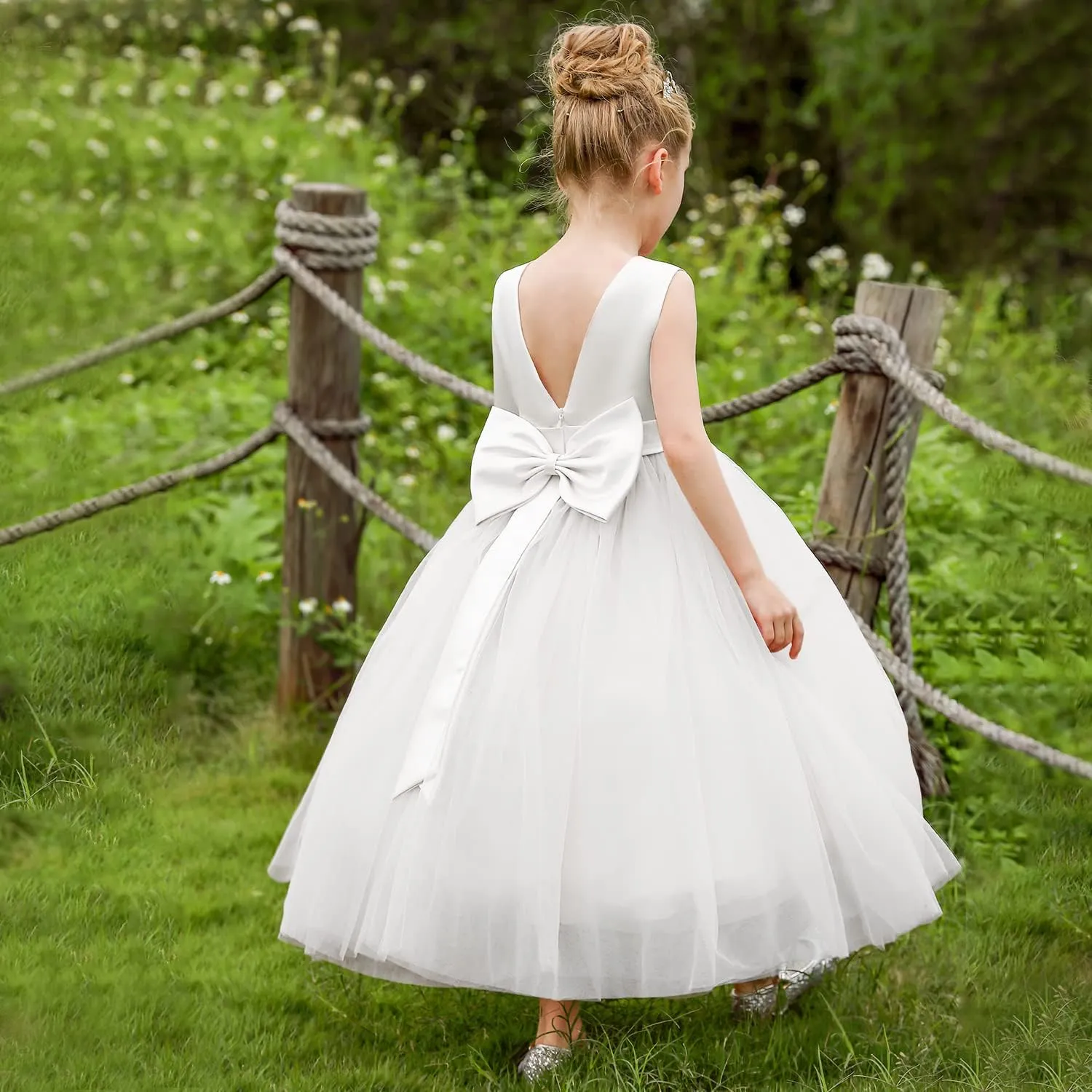 ABAO SISTER Flower Girls Satin Tulle Princess Pageant Dress for Wedding Kids Party Prom Ball Gowns Dresses