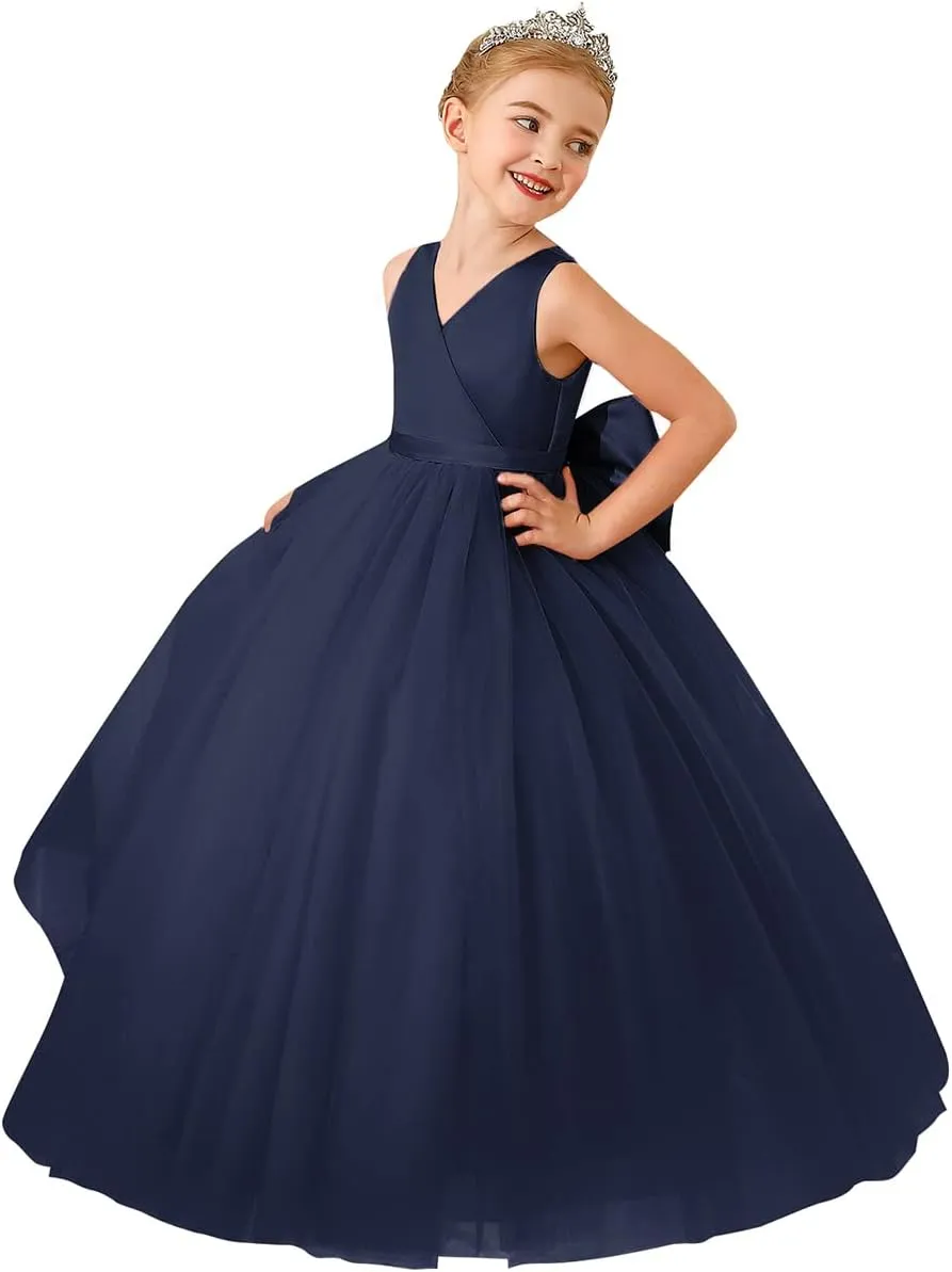 ABAO SISTER Flower Girls Satin Tulle Princess Pageant Dress for Wedding Kids Party Prom Ball Gowns Dresses