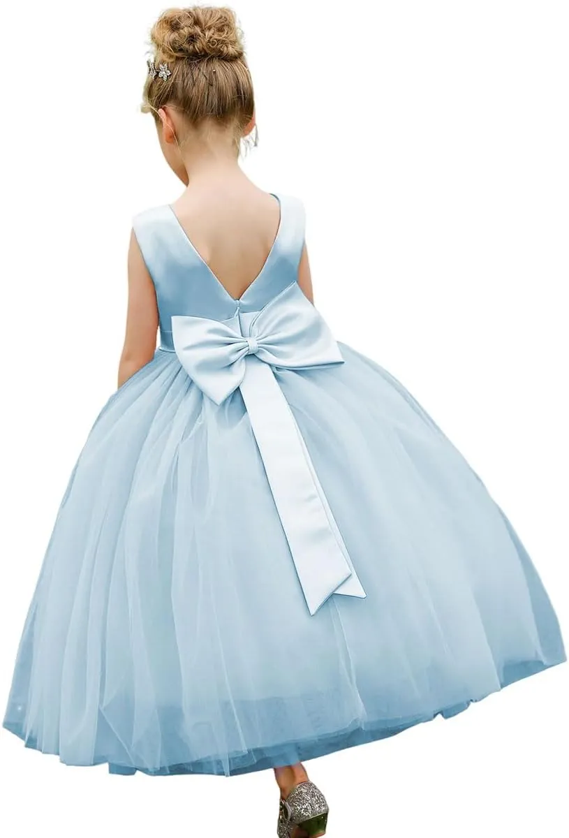 ABAO SISTER Flower Girls Satin Tulle Princess Pageant Dress for Wedding Kids Party Prom Ball Gowns Dresses
