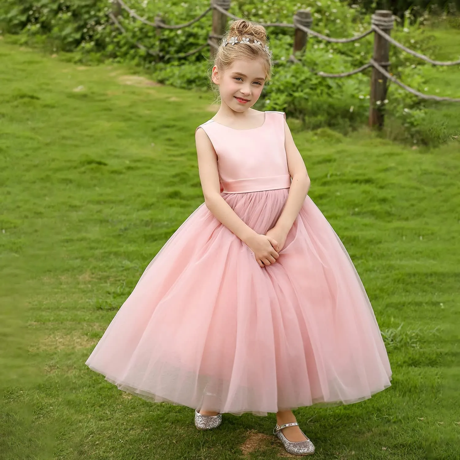 ABAO SISTER Flower Girls Satin Tulle Princess Pageant Dress for Wedding Kids Party Prom Ball Gowns Dresses