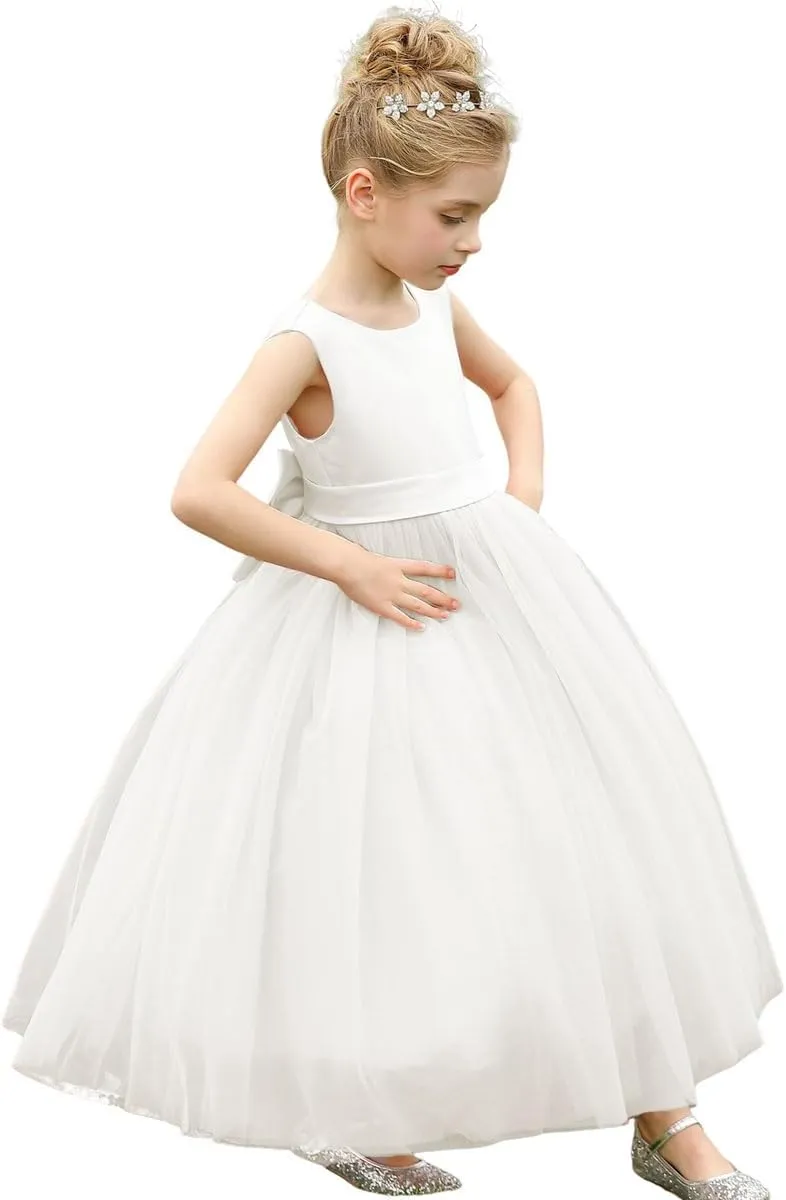 ABAO SISTER Flower Girls Satin Tulle Princess Pageant Dress for Wedding Kids Party Prom Ball Gowns Dresses