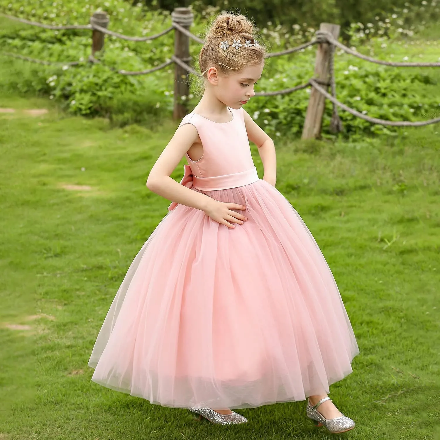 ABAO SISTER Flower Girls Satin Tulle Princess Pageant Dress for Wedding Kids Party Prom Ball Gowns Dresses