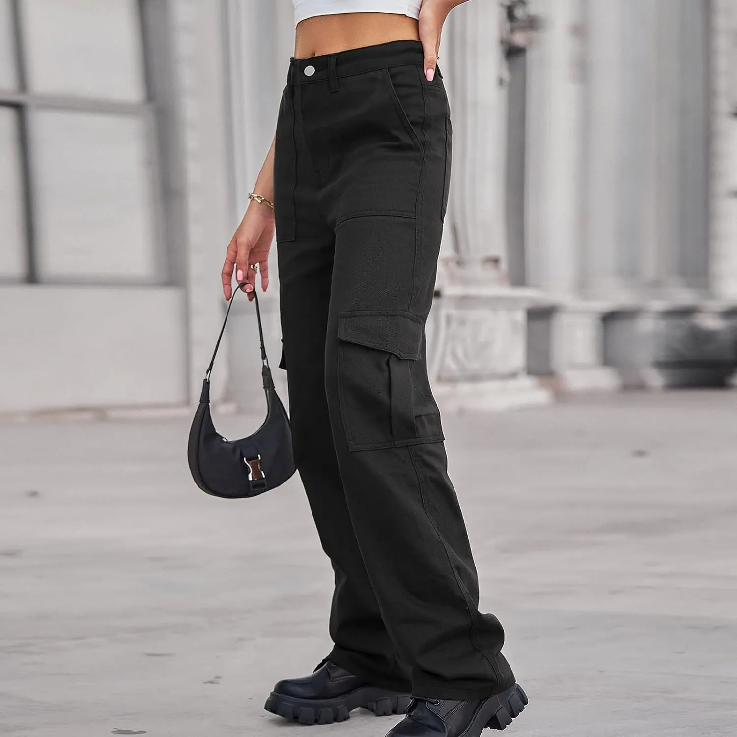 Adjustable Straight Fit Cargo High Waist Baggy Hiking Pant with Multi Pockets Women Wide Leg Parachute Trousers