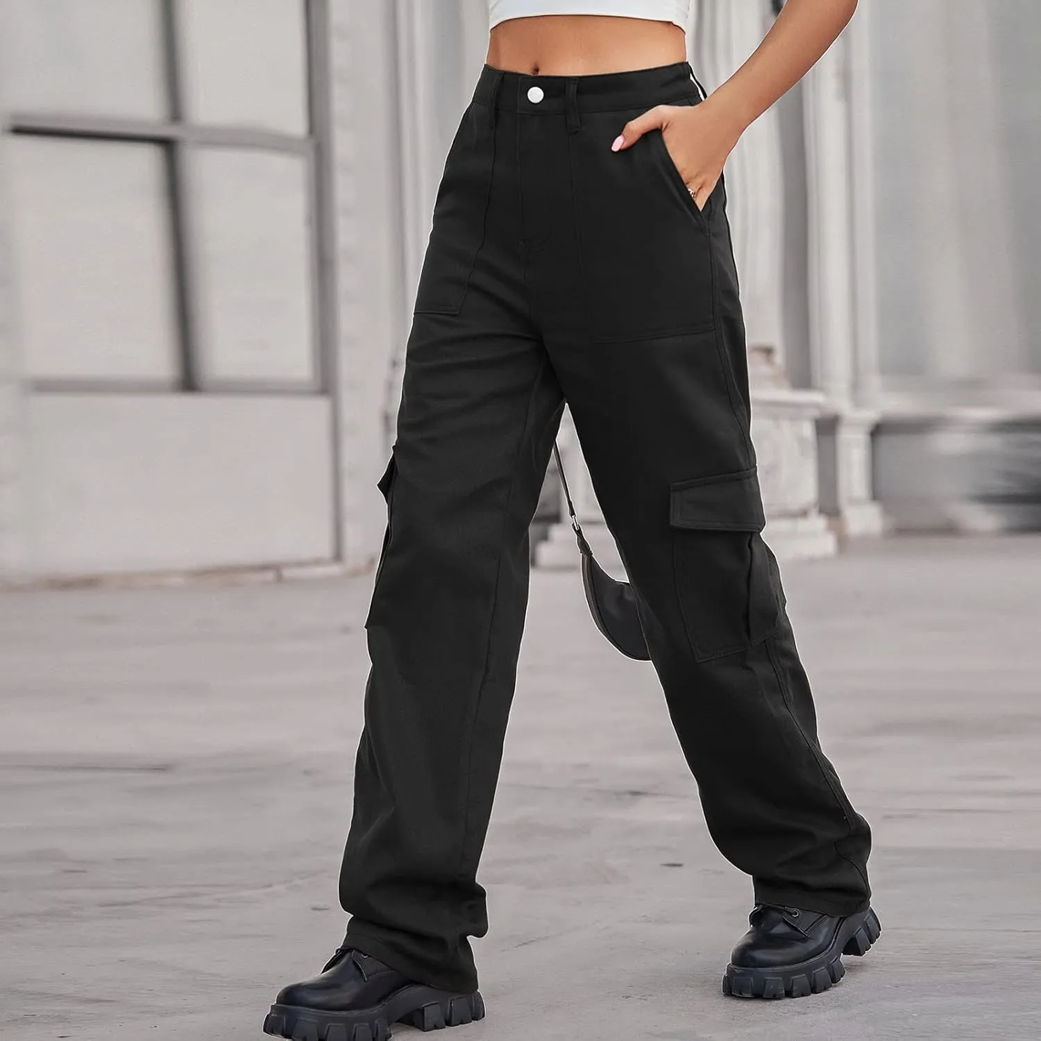 Adjustable Straight Fit Cargo High Waist Baggy Hiking Pant with Multi Pockets Women Wide Leg Parachute Trousers