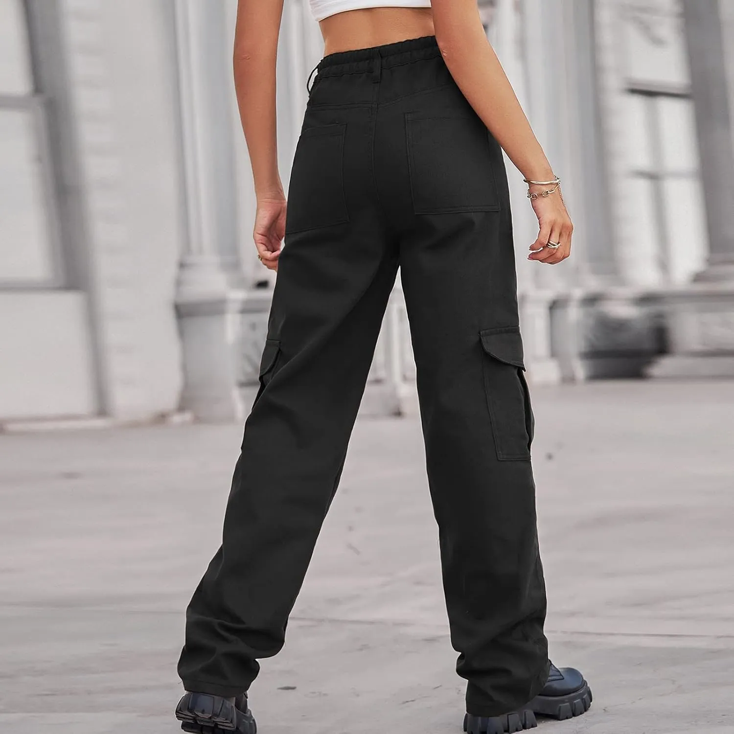 Adjustable Straight Fit Cargo High Waist Baggy Hiking Pant with Multi Pockets Women Wide Leg Parachute Trousers