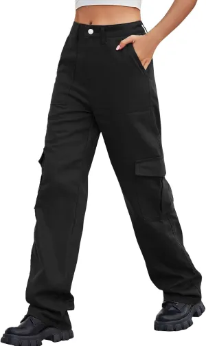 Adjustable Straight Fit Cargo High Waist Baggy Hiking Pant with Multi Pockets Women Wide Leg Parachute Trousers