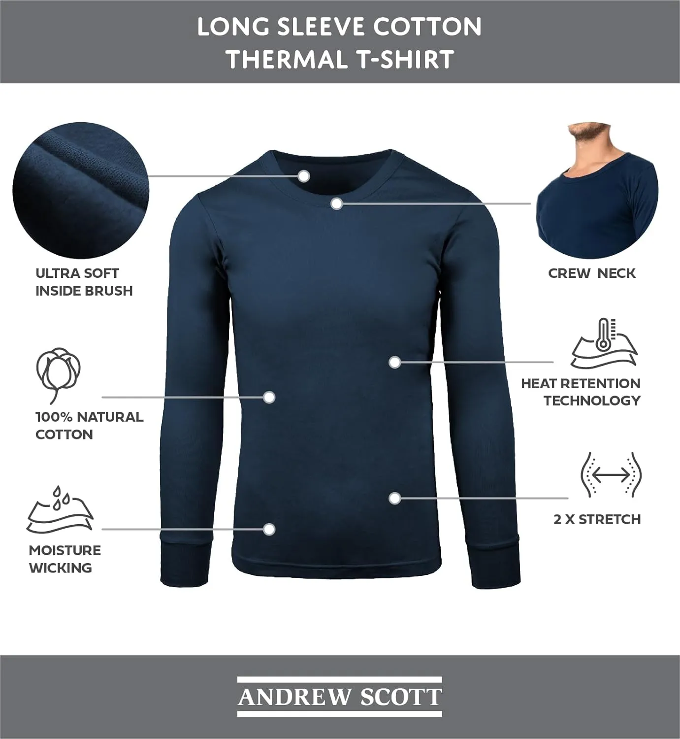 Andrew Scott Men's 3 Pack - Long Sleeve Thermal Baselayer Crew Neck Shirt | 100% Cotton Flat Knit