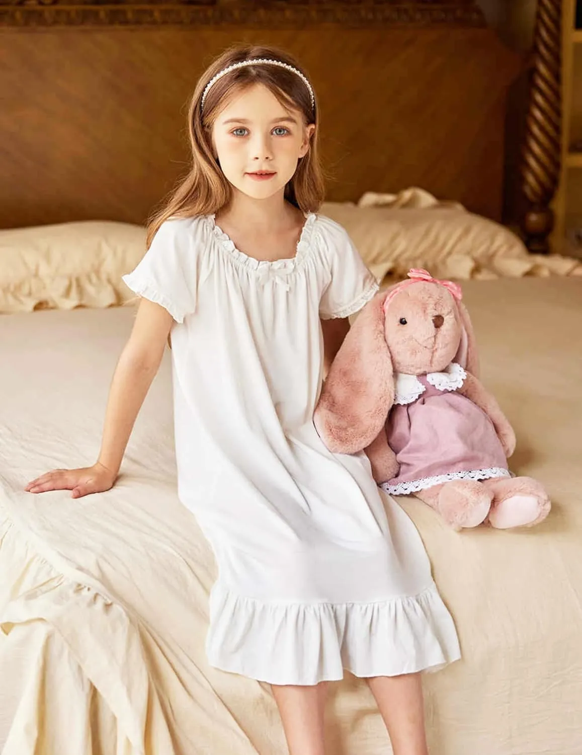 Arshiner Girls Nightgowns Sleepwear Short Sleeve Victorian Pajama Dress Soft Princess Sleepshirt for 3-12 Years Kids