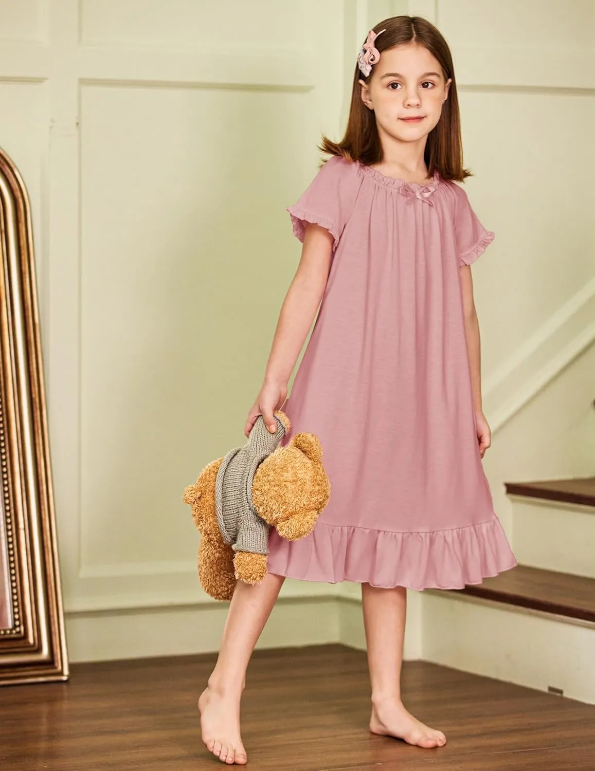 Arshiner Girls Nightgowns Sleepwear Short Sleeve Victorian Pajama Dress Soft Princess Sleepshirt for 3-12 Years Kids