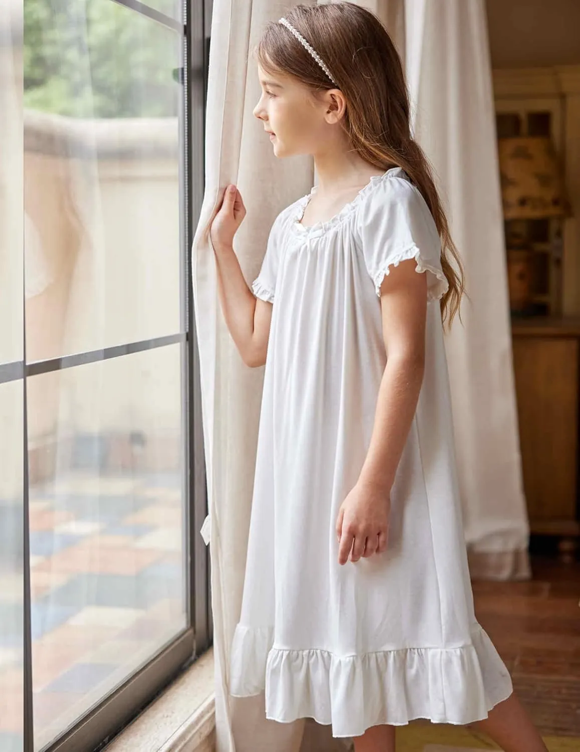 Arshiner Girls Nightgowns Sleepwear Short Sleeve Victorian Pajama Dress Soft Princess Sleepshirt for 3-12 Years Kids