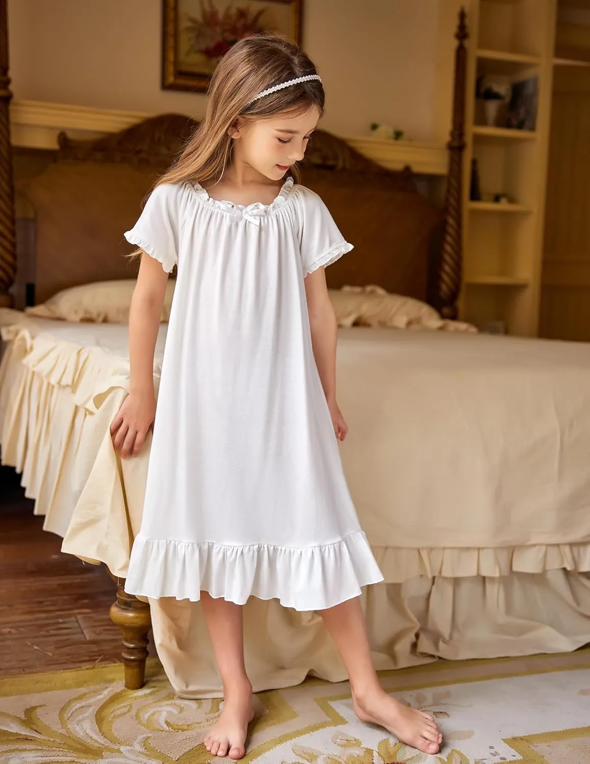 Arshiner Girls Nightgowns Sleepwear Short Sleeve Victorian Pajama Dress Soft Princess Sleepshirt for 3-12 Years Kids