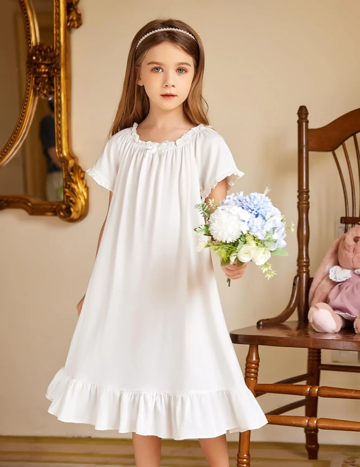 Arshiner Girls Nightgowns Sleepwear Short Sleeve Victorian Pajama Dress Soft Princess Sleepshirt for 3-12 Years Kids