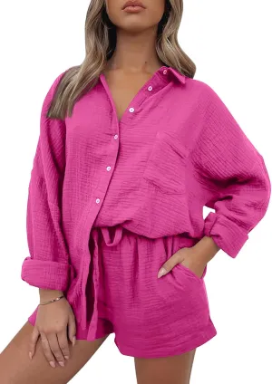 AUTOMET 2 Piece Sets For Women Lounge Wear Matching Two Piece Pajama Fashion Oversized Shirts And Shorts Spring Outfit 2025