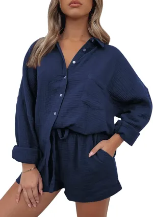 AUTOMET 2 Piece Sets For Women Lounge Wear Matching Two Piece Pajama Fashion Oversized Shirts And Shorts Spring Outfit 2025