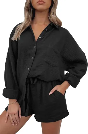 AUTOMET 2 Piece Sets For Women Lounge Wear Matching Two Piece Pajama Fashion Oversized Shirts And Shorts Spring Outfit 2025