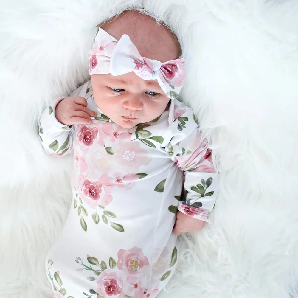 Baby Knotted Gown Newborns 0-6 Months, Soft Breathable Newborn Sleeper Gowns, Baby Girl Coming Home Outfit Essential Gift Watercolor Floral with Headband Set