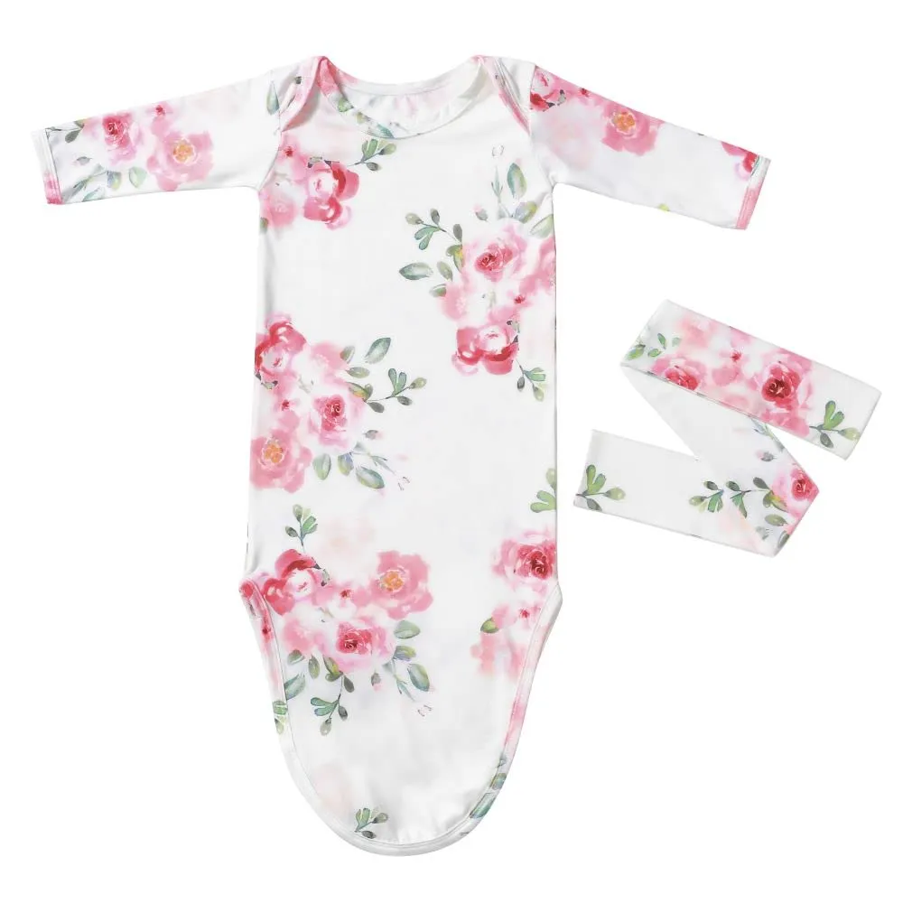 Baby Knotted Gown Newborns 0-6 Months, Soft Breathable Newborn Sleeper Gowns, Baby Girl Coming Home Outfit Essential Gift Watercolor Floral with Headband Set
