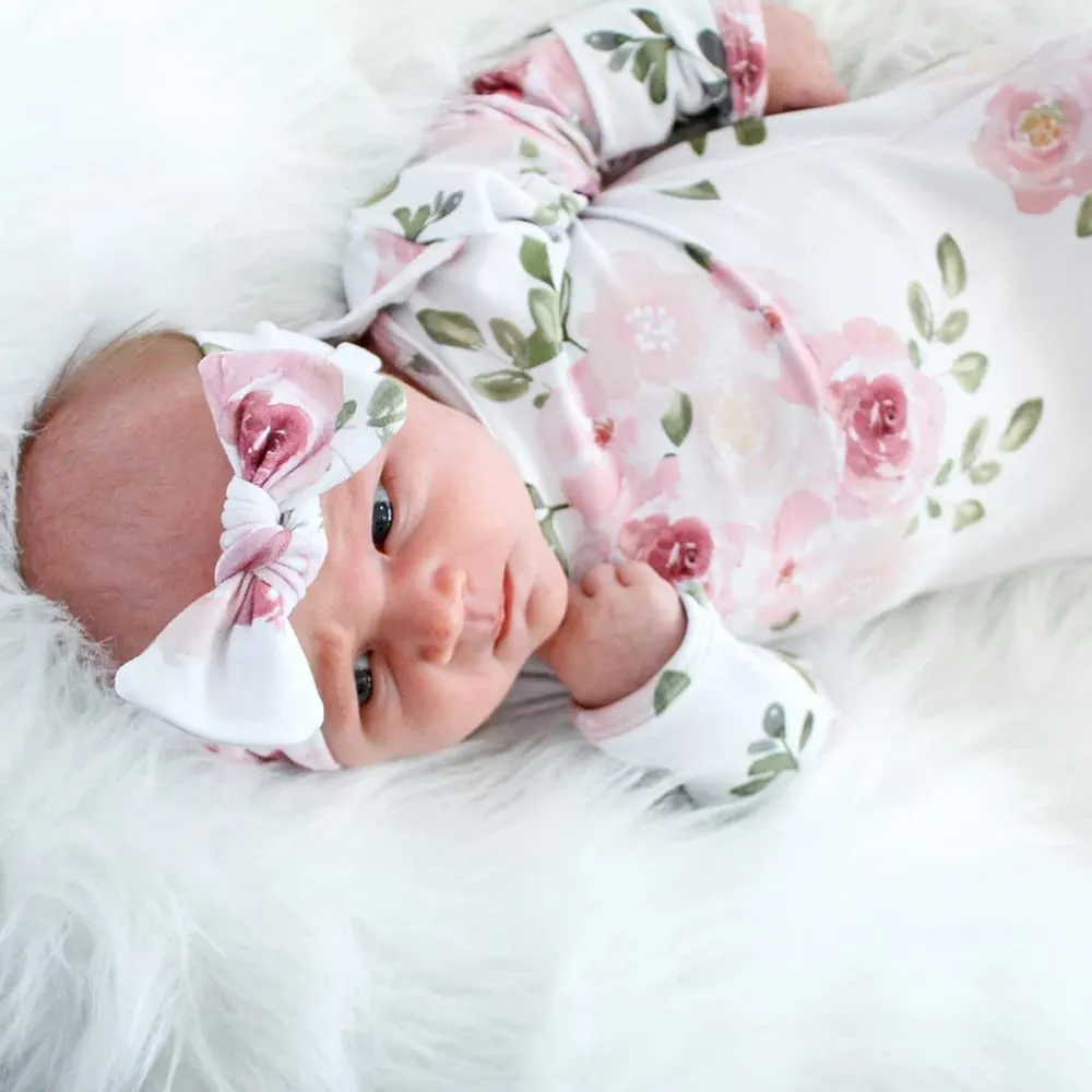 Baby Knotted Gown Newborns 0-6 Months, Soft Breathable Newborn Sleeper Gowns, Baby Girl Coming Home Outfit Essential Gift Watercolor Floral with Headband Set