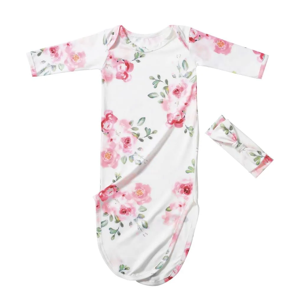 Baby Knotted Gown Newborns 0-6 Months, Soft Breathable Newborn Sleeper Gowns, Baby Girl Coming Home Outfit Essential Gift Watercolor Floral with Headband Set