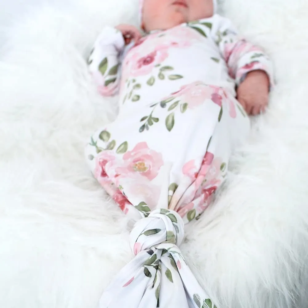 Baby Knotted Gown Newborns 0-6 Months, Soft Breathable Newborn Sleeper Gowns, Baby Girl Coming Home Outfit Essential Gift Watercolor Floral with Headband Set