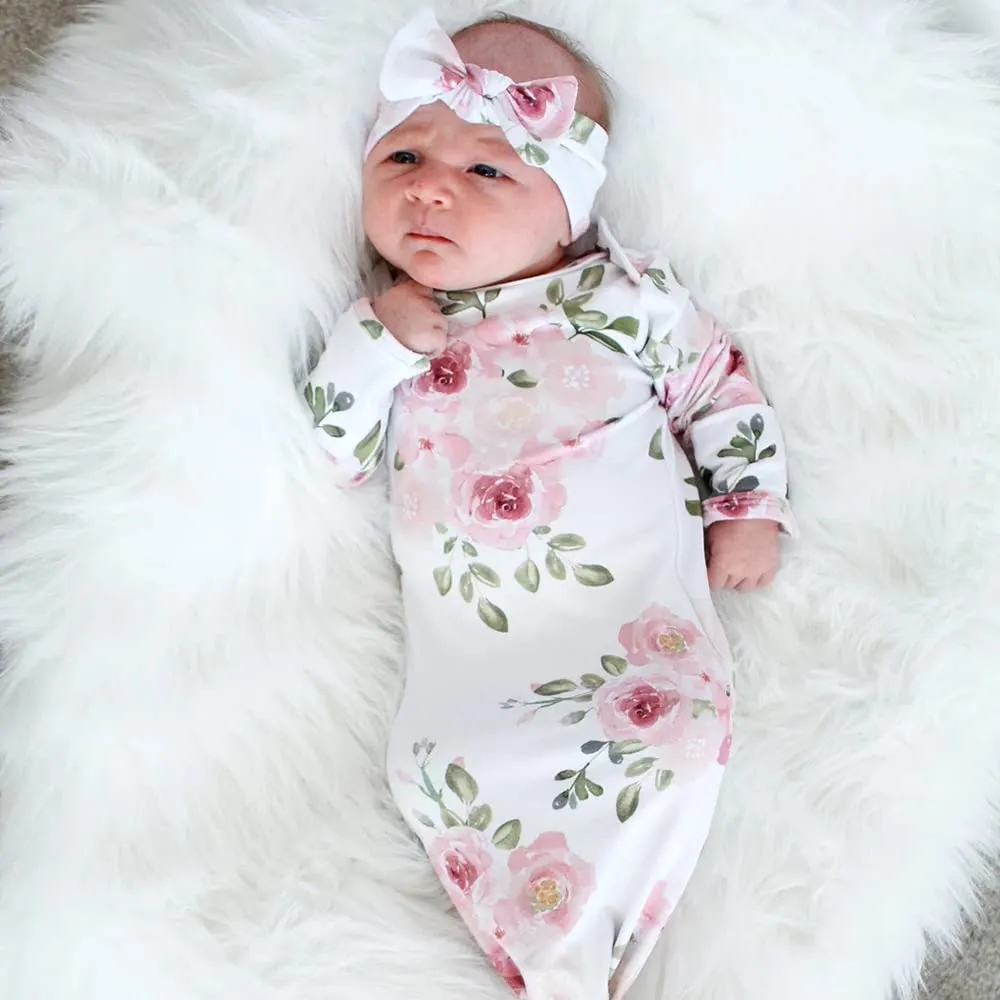 Baby Knotted Gown Newborns 0-6 Months, Soft Breathable Newborn Sleeper Gowns, Baby Girl Coming Home Outfit Essential Gift Watercolor Floral with Headband Set