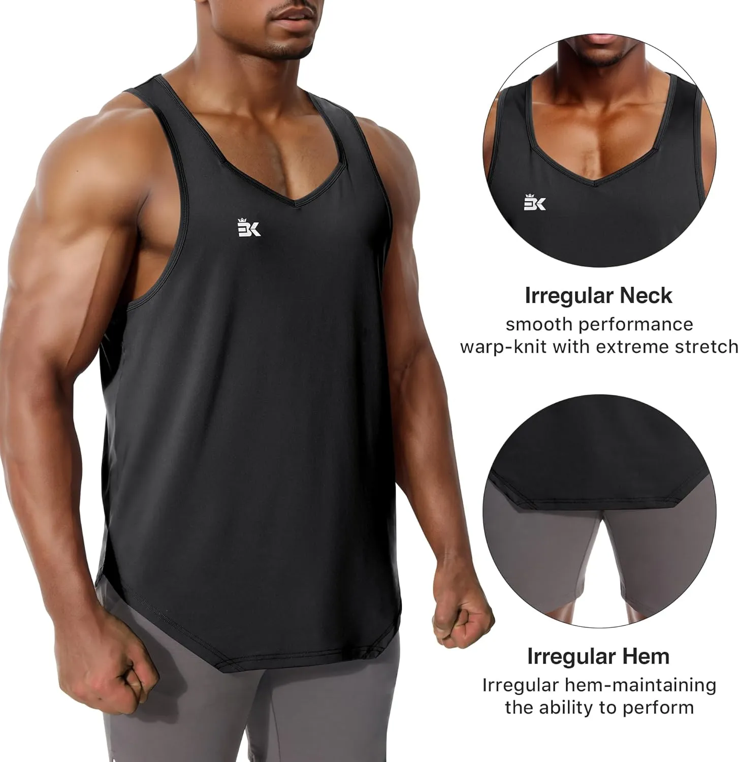 BROKIG Mens Irregular Gym Workout Stringer Tanks, Bodybuilding Athletic Training Tank Top UPF 40  Muscle Tank Sleeveless