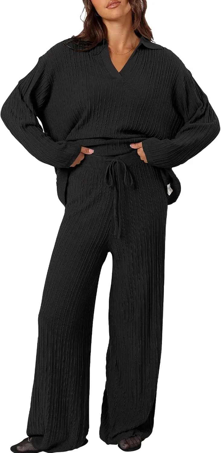 Cakulo Womens 2024 Lounge Sets 2 Piece Outfits Knit Sweater Matching Set Ribbed Wide Leg Loungewear Sweatsuits