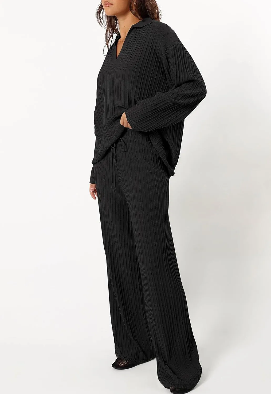 Cakulo Womens 2024 Lounge Sets 2 Piece Outfits Knit Sweater Matching Set Ribbed Wide Leg Loungewear Sweatsuits