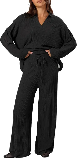 Cakulo Womens 2024 Lounge Sets 2 Piece Outfits Knit Sweater Matching Set Ribbed Wide Leg Loungewear Sweatsuits