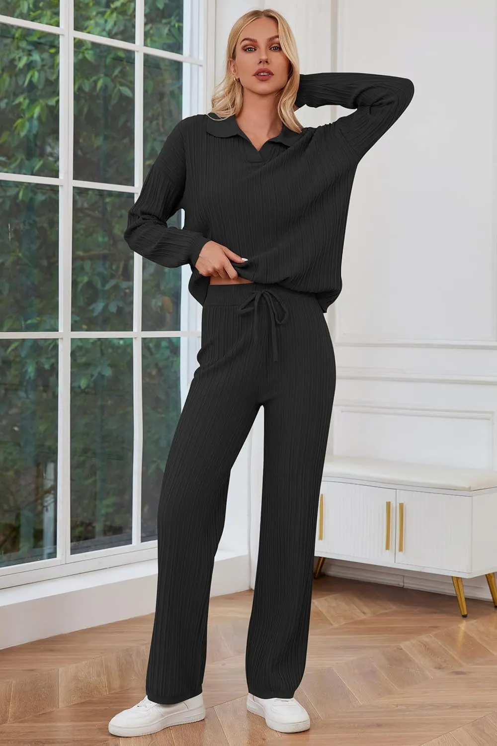 Cakulo Womens 2024 Lounge Sets 2 Piece Outfits Knit Sweater Matching Set Ribbed Wide Leg Loungewear Sweatsuits
