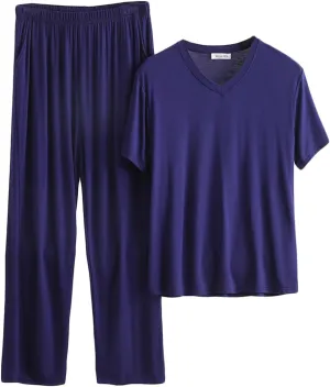 Cambkatl Men's Summer Pajamas Set Pullover Short Sleeve V Neck Shirts Matching Long Pants 2 Piece Lounge Sets Comfy Sleepwear