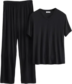 Cambkatl Men's Summer Pajamas Set Pullover Short Sleeve V Neck Shirts Matching Long Pants 2 Piece Lounge Sets Comfy Sleepwear
