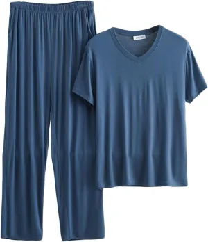 Cambkatl Men's Summer Pajamas Set Pullover Short Sleeve V Neck Shirts Matching Long Pants 2 Piece Lounge Sets Comfy Sleepwear