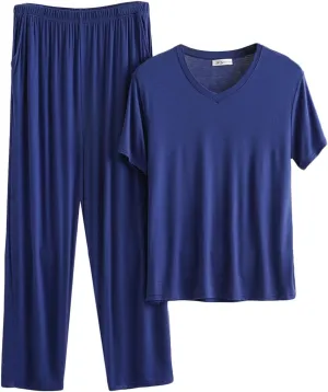 Cambkatl Men's Summer Pajamas Set Pullover Short Sleeve V Neck Shirts Matching Long Pants 2 Piece Lounge Sets Comfy Sleepwear