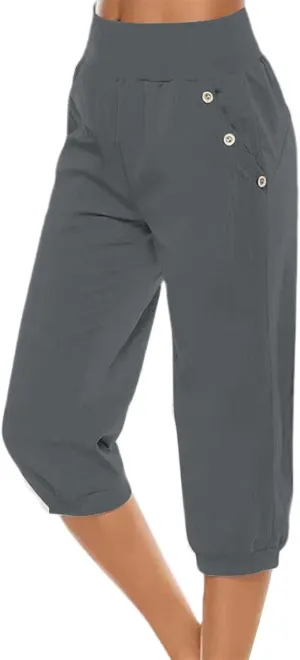 Capri Pants for Women Casual Summer Drawstring Elastic High Waist Linen Pant Straight Cropped Pants(Grey-B, M)